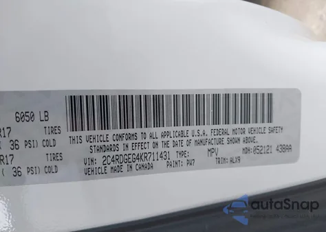 2019 Dodge Grand Caravan Gt z USA, uszkodzony, nr VIN 2C4RDGEG4KR711431